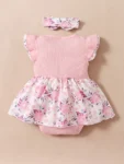 0-18-Months-Baby-Girl-Floral-Romper-Dress-Fly-Sleeve-Summer-Ribbed-Jumpsuit-with-Headband-Newborn