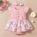 0-18-Months-Baby-Girl-Floral-Romper-Dress-Fly-Sleeve-Summer-Ribbed-Jumpsuit-with-Headband-Newborn
